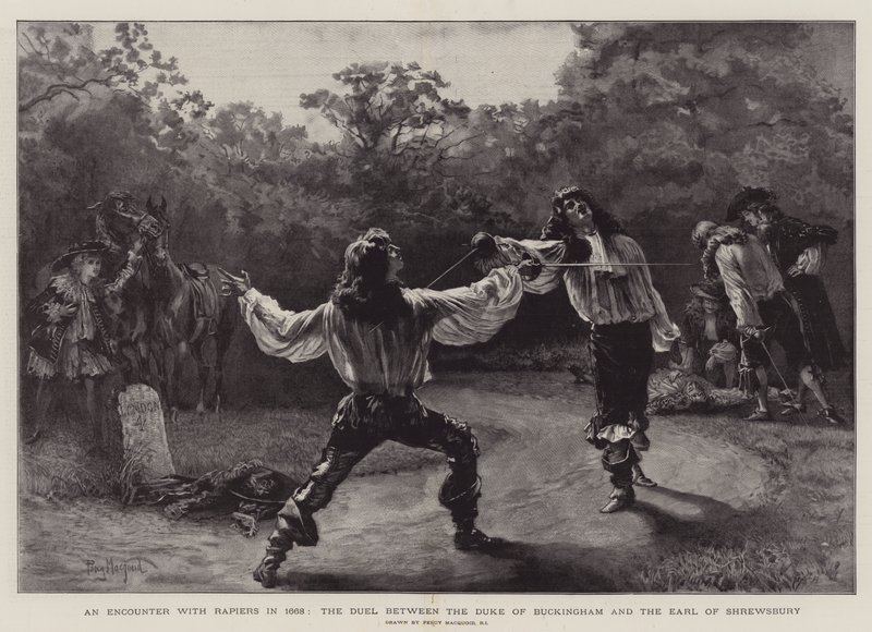 Egy találkozás 1668-ban, a Buckingham herceg és Shrewsbury grófja közötti párbaj alkotó: Percy Macquoid