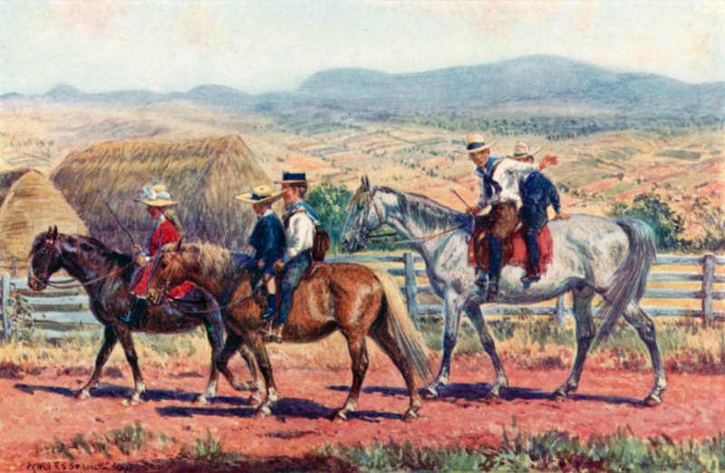 Ausztrál gyerekek lovagolnak az iskolába (színes litho) alkotó: Percy F.S. (after) Spence
