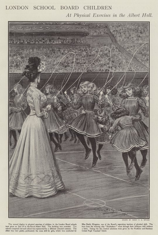 A londoni iskolaszék gyerekek fizikai gyakorlatokon az Albert Hallban (litho) alkotó: Percy F.S. (after) Spence