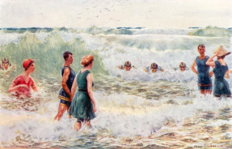Szörffürdőzés, lövöldözés a törőkön (színes litó) alkotó: Percy F.S. (after) Spence