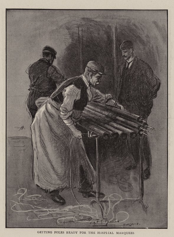 Készülő pólusok a kórházi sátrakhoz alkotó: Percy F.S. Spence