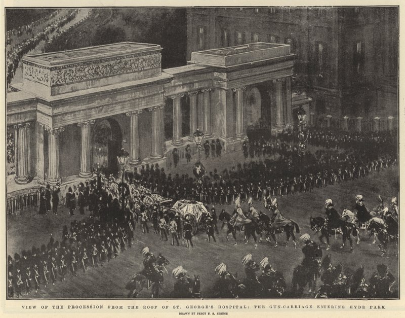 A Szent György Kórház tetejéről a felvonulás látványa, a Hyde Parkba érkező ágyúhintóról alkotó: Percy F.S. Spence