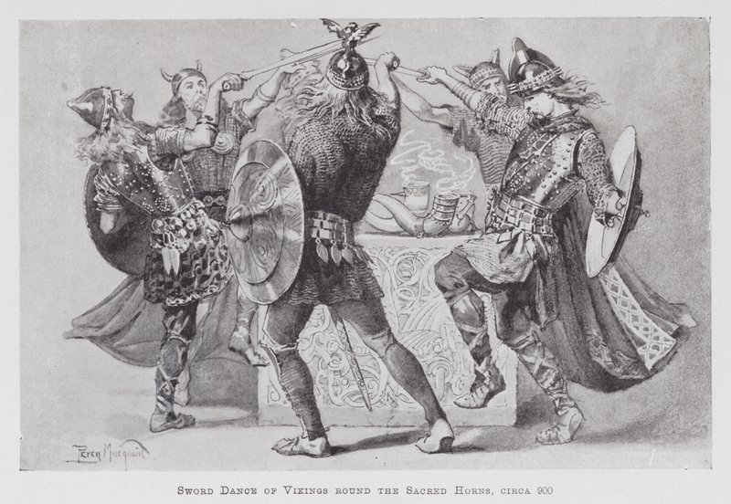 Tánc: Vikingek kardtánca a szent szarvak körül, 900 körül (litho) alkotó: Percy Macquoid