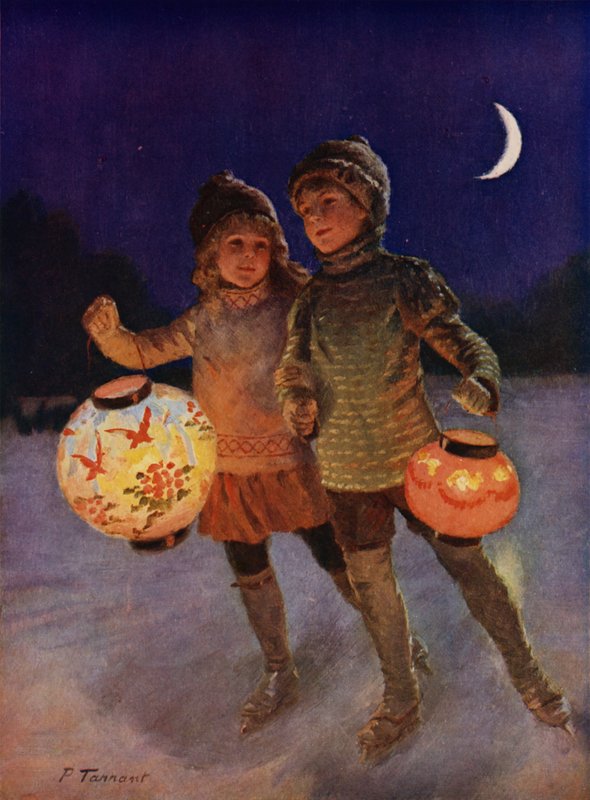 Fiú és lány éjszaka tündérlámpásokkal korcsolyáznak (színes litó) alkotó: Percy Tarrant