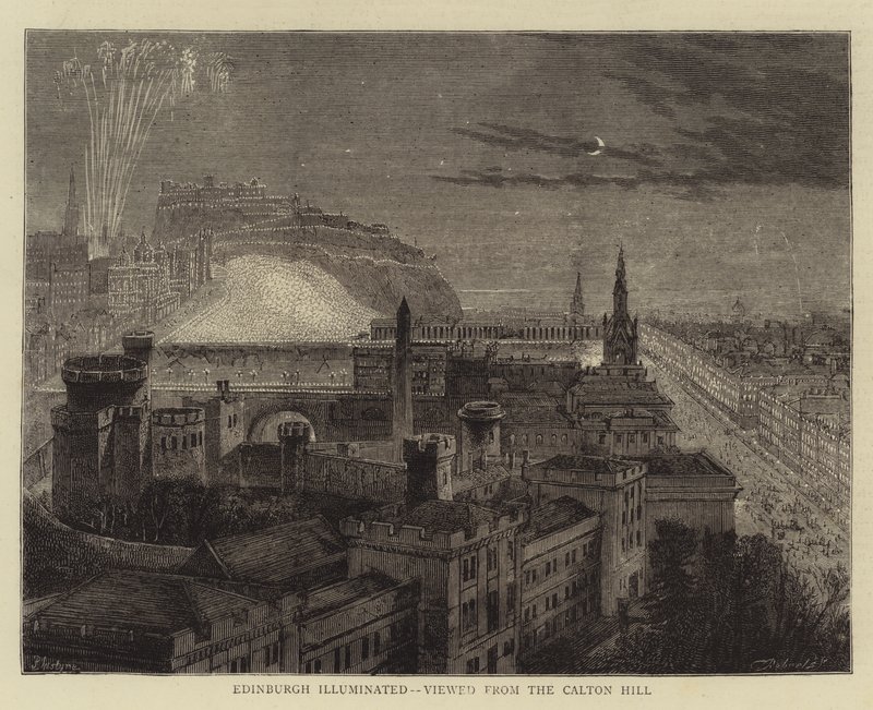 Edinburgh megvilágított, a Calton Hillről nézve alkotó: Percy William Justyne
