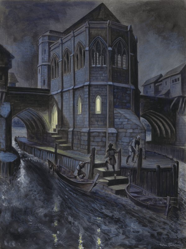 Az Old London Bridge első kápolnájának képzeletbeli rekonstrukciója alkotó: Peter Jackson