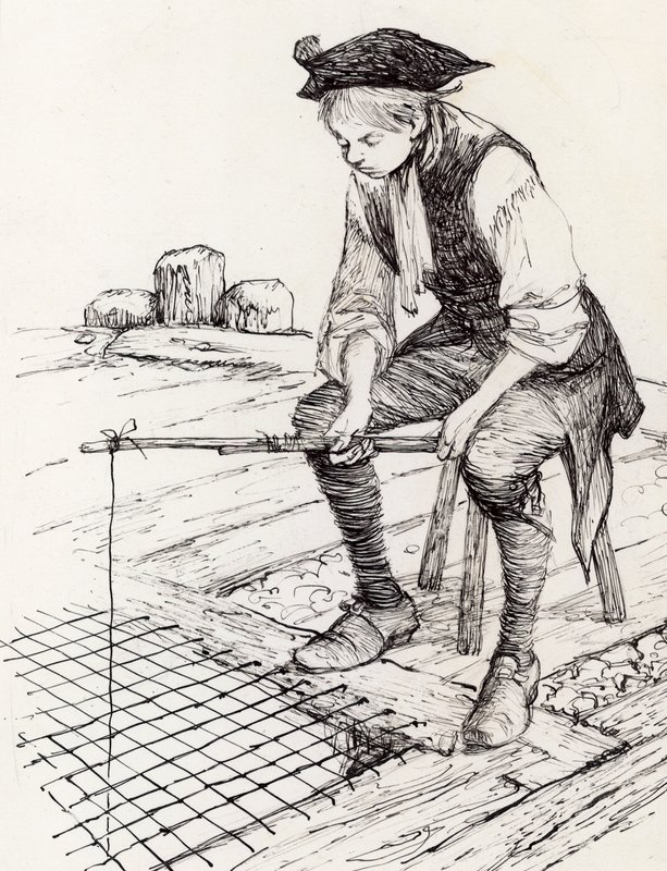 Fiú halászik a Szent Tamás kápolnánál az Old London Bridge-en (tinta, papír) alkotó: Peter Jackson