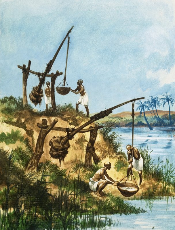 A korai egyiptomiak egy súlyokból és rudakból álló rendszert használtak, amit shadoofsnak neveztek, hogy vizet nyerjenek a Nílusból alkotó: Peter Jackson