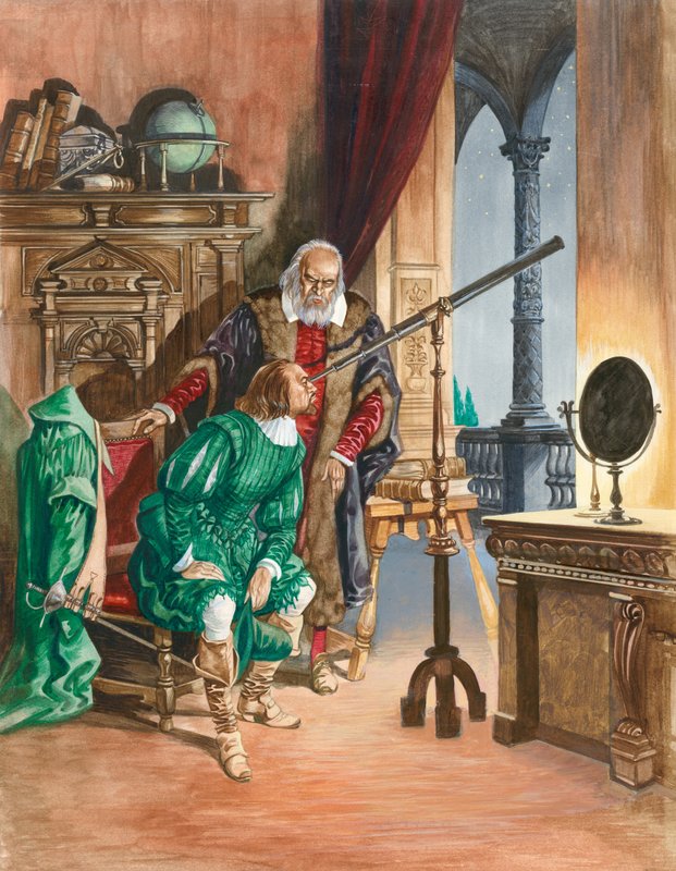 Galileo, aki most vak, hagyja, hogy egy barátja nézzen a csillagokra távcsövén keresztül pisai dolgozószobája erkélyéről. alkotó: Peter Jackson