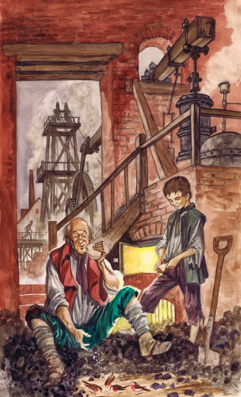 George Stephenson nézi, ahogy apja morzsákat etet az általa megszelídített vörösbegyekkel (guache papíron) alkotó: Peter Jackson
