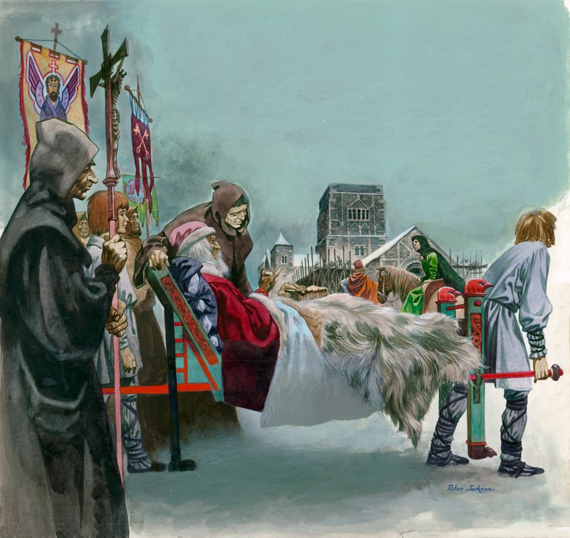 Edward király, a későbbi Szent Eduárd, a West Minster építését egy betegágyról figyeli, ahol betegen fekszik. alkotó: Peter Jackson