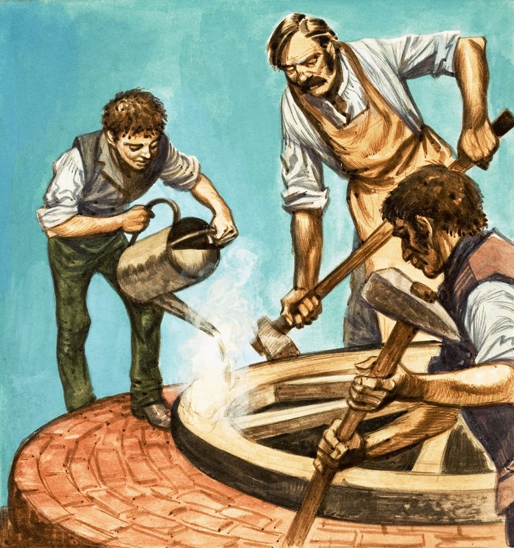 Egyszer volt, hol nem volt... falusi élet száz évvel ezelőtt. Kerékgyártók, akik a keréktárcsát felrakják a kerékre. alkotó: Peter Jackson