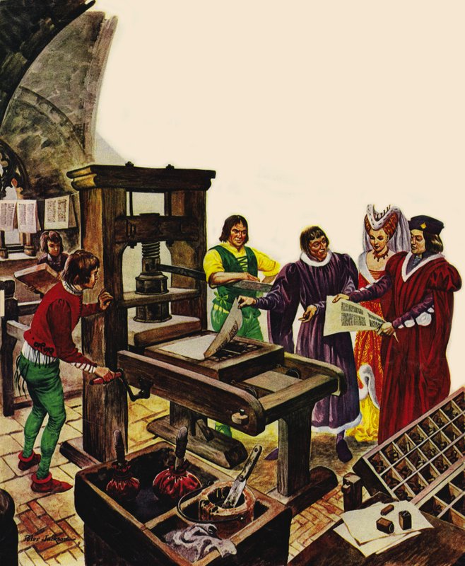 William Caxton bemutatta nyomdáját IV. Edward királynak és királynőjének, Erzsébetnek alkotó: Peter Jackson