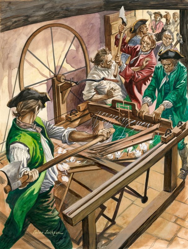 A munkások megtámadják James Hargreaves blackburni otthonát, hogy elpusztítsák találmányát, a Spinning Jennyt alkotó: Peter Jackson
