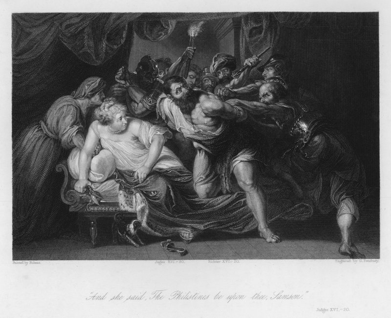 Sámsont elárulta Delila, Bírák XVI, 20 (metszet) alkotó: Peter Paul (after) Rubens