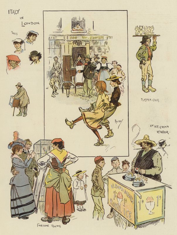 Olaszország Londonban (chromolitho) alkotó: Phil May