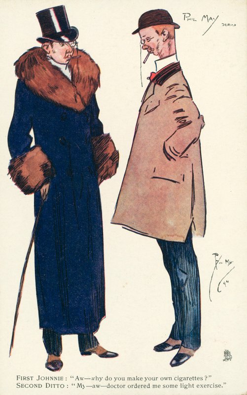 Két úriember cigarettáról és testmozgásról beszélget (színes litho) alkotó: Phil May