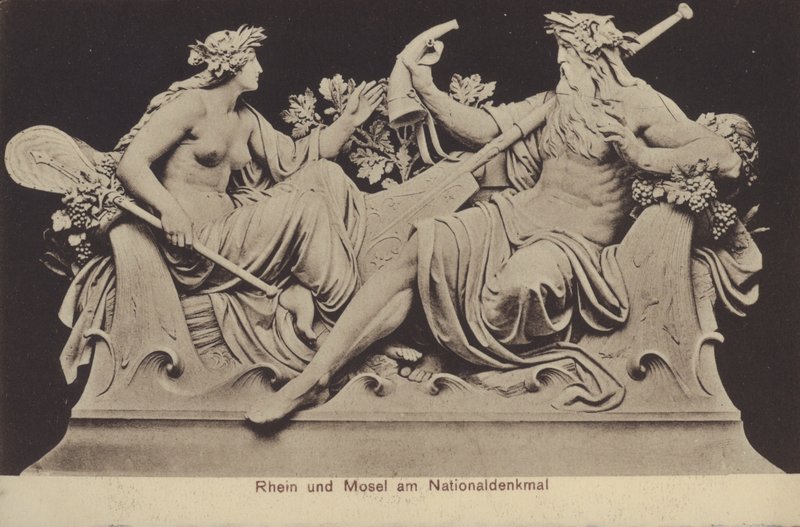 A Rajnát és a Moselt ábrázoló allegorikus alakok a Nationaldenkmalon, Németország egyesítésének emlékműve, Rudesheim am Rhein, Hesse (f/w fotó) alkotó: Photographer German