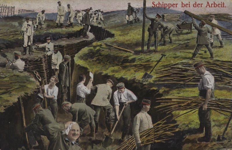 Német gyalogsági lövészárkokat ásó, első világháború (színes fotó) alkotó: Photographer German