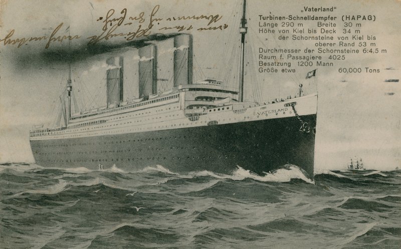 A német vonalhajó, a Vaterland. 1913-ban feladott képeslap. alkotó: Photographer German