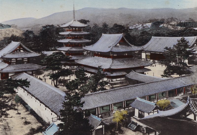 Japán, 1912 körül: Horyu-ji, Japán legrégebbi buddhista temploma, körülbelül 1300 éve épült, Yamato (fotó) alkotó: Photographer Japanese