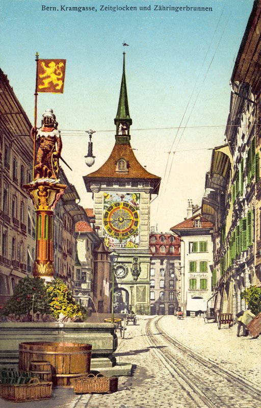 A Zytglogge óratorony és a Zahringerbrunnen szökőkút, Kramgasse, Bern, Svájc (színes fotó) alkotó: Photographer Swiss