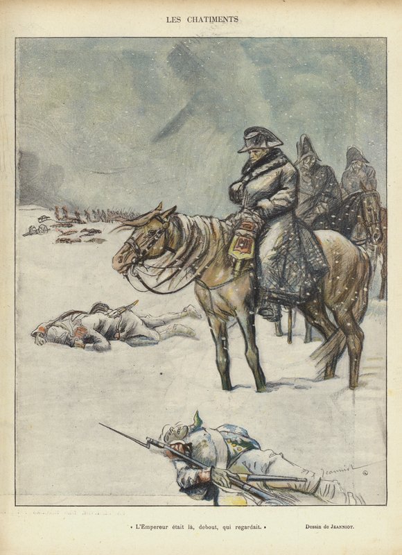 Napóleon visszavonulóban Moszkvából, illusztráció a Le Rire számára alkotó: Pierre Georges Jeanniot