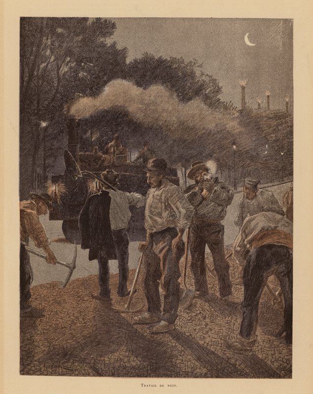 Útjavítás Párizsban éjszaka (színes litográfia) alkotó: Pierre Georges Jeanniot