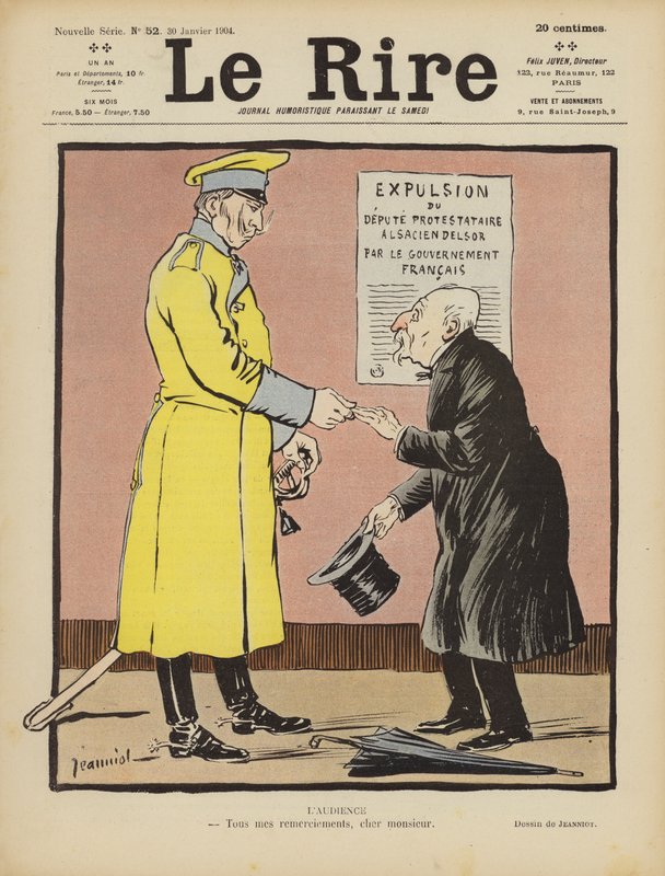 Szatíra arról, hogy Frances feladta Elzász Németországnak. Illusztráció Le Rire alkotó: Pierre Georges Jeanniot