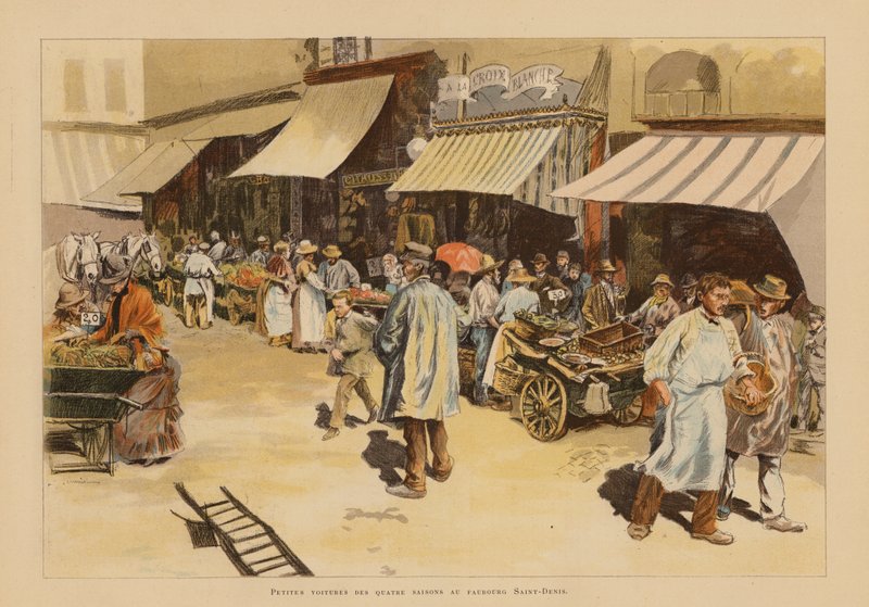 A marchandes de quatre saisons a párizsi Rue du Faubourg Saint-Denis-en (színes litográfia) alkotó: Pierre Georges Jeanniot
