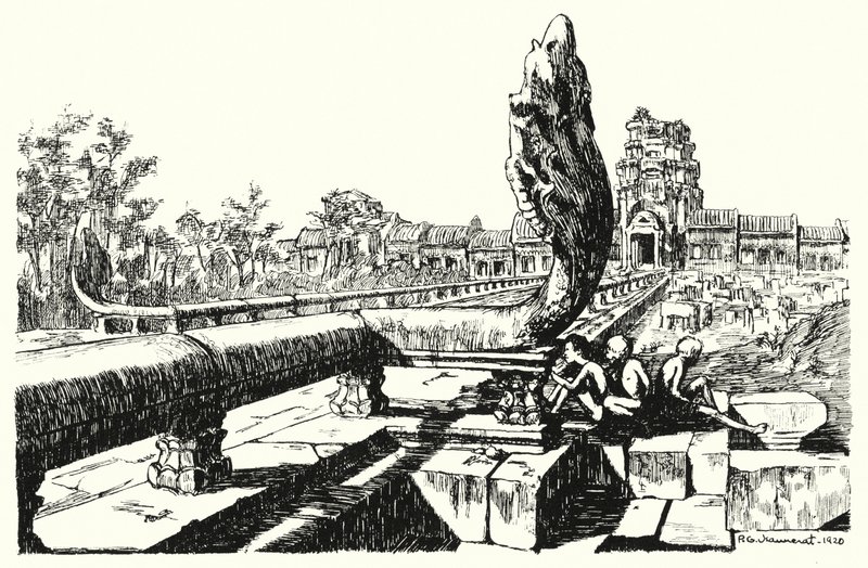 Az Angkor Vat parkjában a nyugati gopurák (metszet) alkotó: Pierre Jeannerat de Beerski