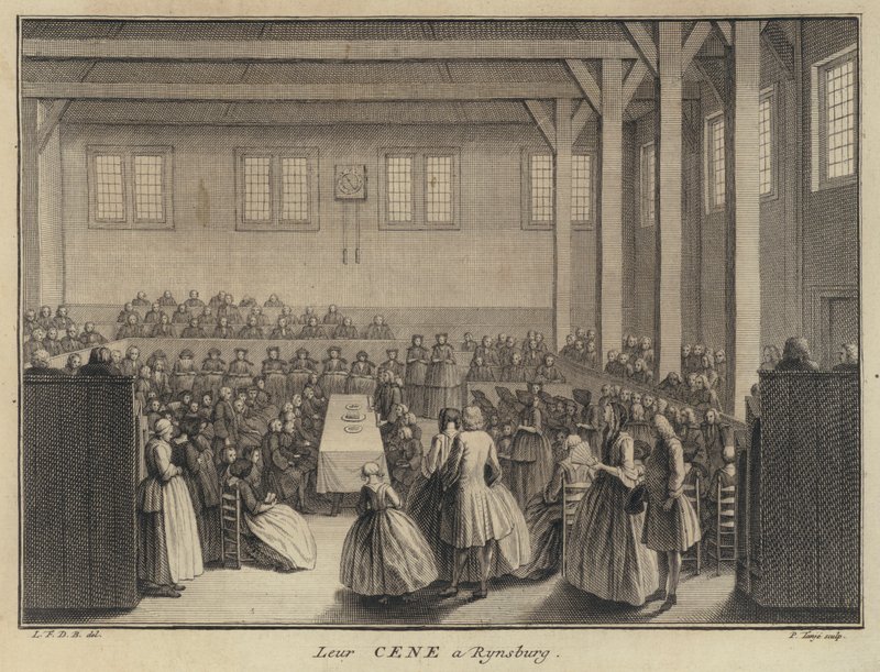 Úrvacsora egy kollégiumi templomban Rijnsburgban, Hollandiában (metszet) alkotó: Pierre Tanje