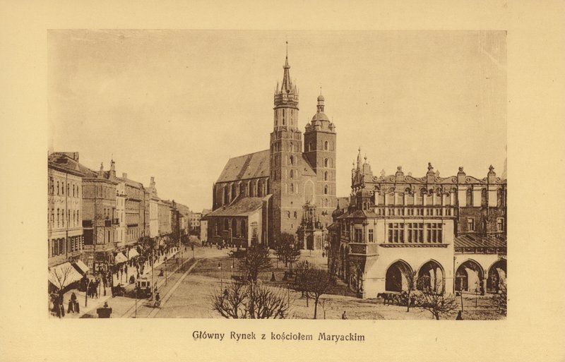 Krakkó-Krakau: Fő piactér a Mária-templommal (fekete-fehér fotó) alkotó: Polish Photographer