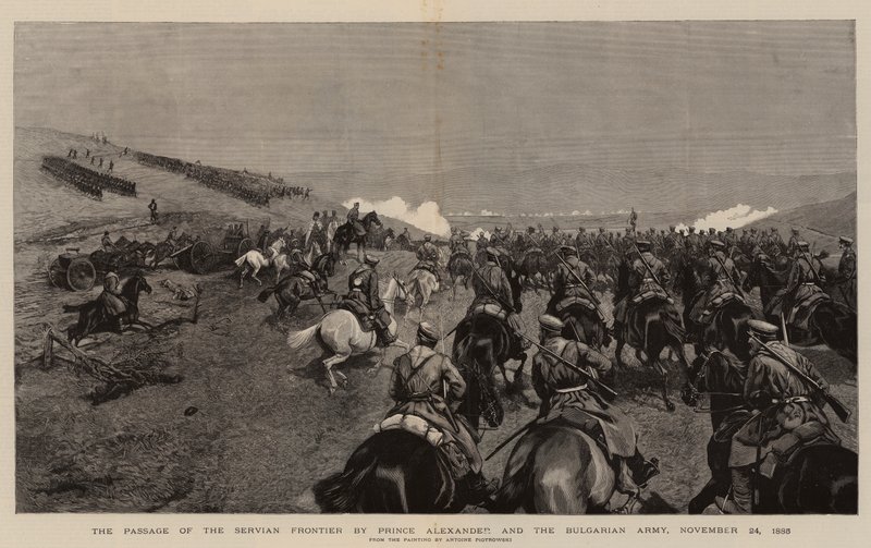 Sándor herceg és a bolgár hadsereg átvonulása a szolga határon, 1885. november 24. (metszet) alkotó: Polish School