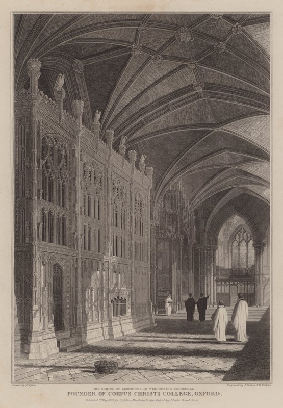 Foxe püspöknek, az oxfordi Corpus Christi College alapítójának szentélye a winchesteri katedrálisban (metszet) alkotó: R. (after) Essex