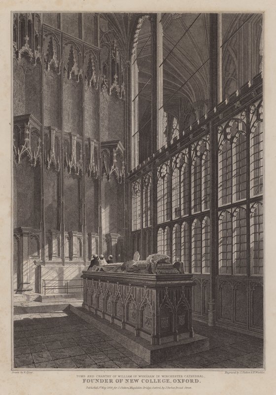 Wykeham William, az Oxfordi New College alapítója, a Winchester -székesegyház (gravírozás) sírja és chantryje. alkotó: R. (after) Essex