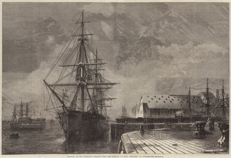 Peabody úr földi maradványainak elszállítása a vasútról a kikötői HMS Monarchra alkotó: R. Dudley
