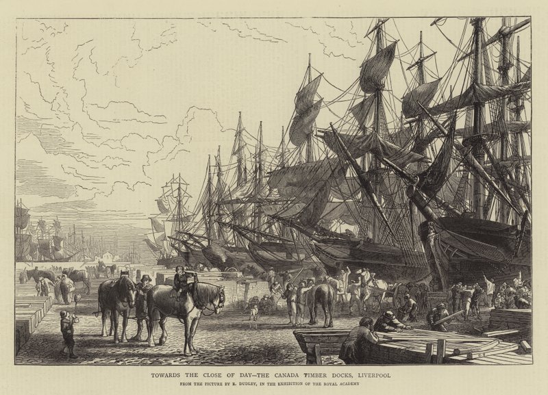 A nap vége felé a Canada Timber Docks, Liverpool alkotó: R. Dudley