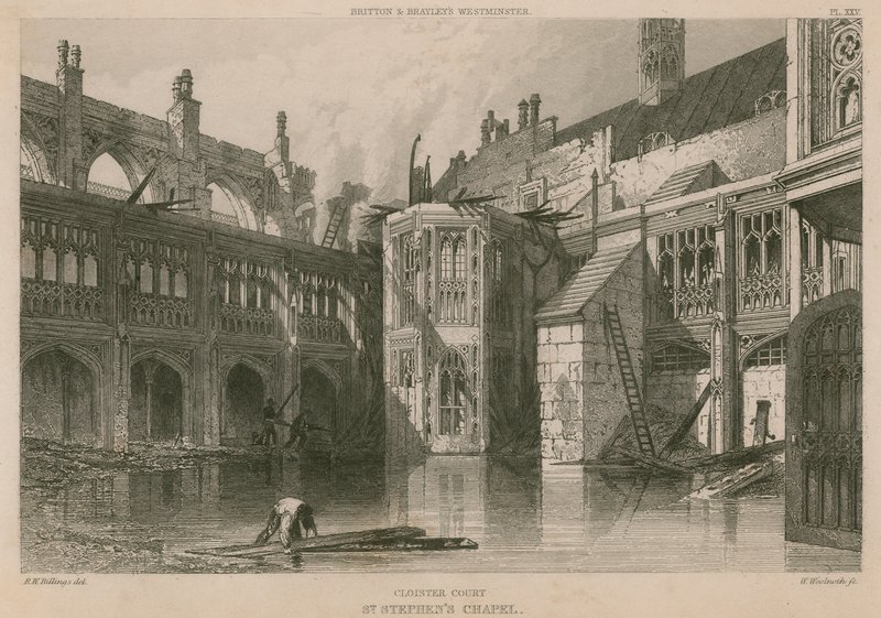 Kolostor udvara, a Szent István-kápolna, az 1834. október 16-i tűzvész után alkotó: R. W. Billings