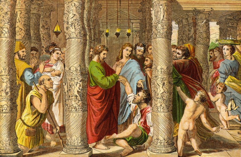 Péter és János meggyógyítja az impotens férfit (kromolitho) alkotó: Raffaello Sanzio Raphael