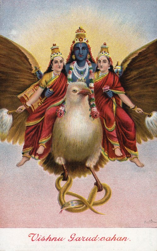 Visnu hindu isten, aki Garuda járművén lovagol alkotó: Raja Ravi Varma
