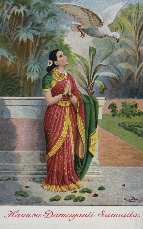 Haunsa madár, aki Nala király erényeit magasztalja Damayantinak a kertjében alkotó: Raja Ravi Varma