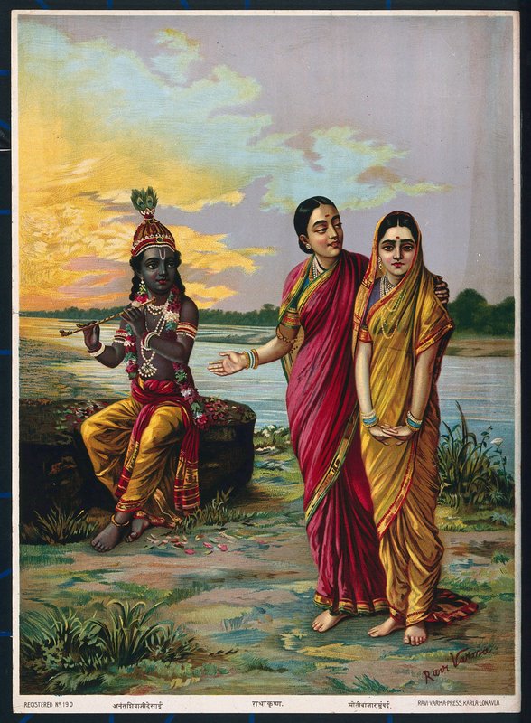 Krsna egy bizalmason keresztül kinyilvánította szerelmét Radha iránt, 1900 után (színes litó) alkotó: Raja Ravi Varma