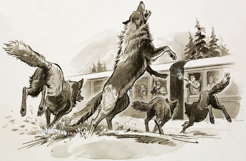 Egy hófödte vonat utasai éhes farkasok ellen harcolnak (gouache, papír) alkotó: Ralph Bruce