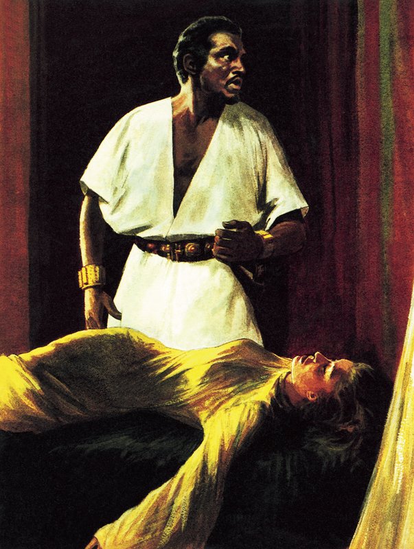 Sir Laurence Olivier a színpadon Shakespeare Othello című művének nemzeti színházi előadásában. alkotó: Ralph Bruce