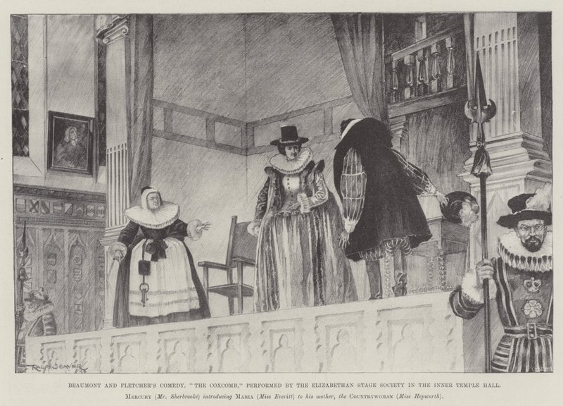 Beaumont és Fletcher vígjátéka, The Coxcomb, az Elizabethan Stage Society előadásában az Inner Temple Hallban alkotó: Ralph Cleaver