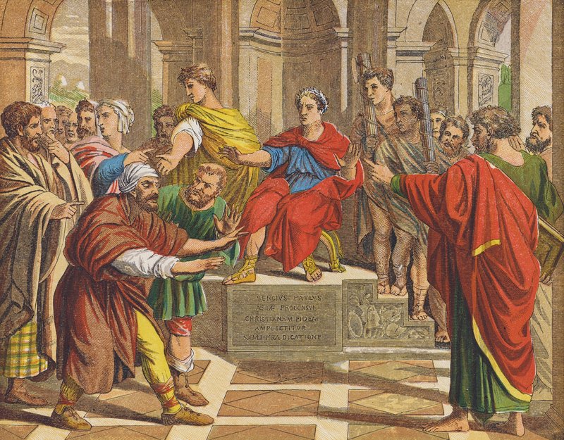 Elymas, a megvakított varázsló Sergius Paulus előtt (színes litográfia) alkotó: Raphael (1483 1520) (after)