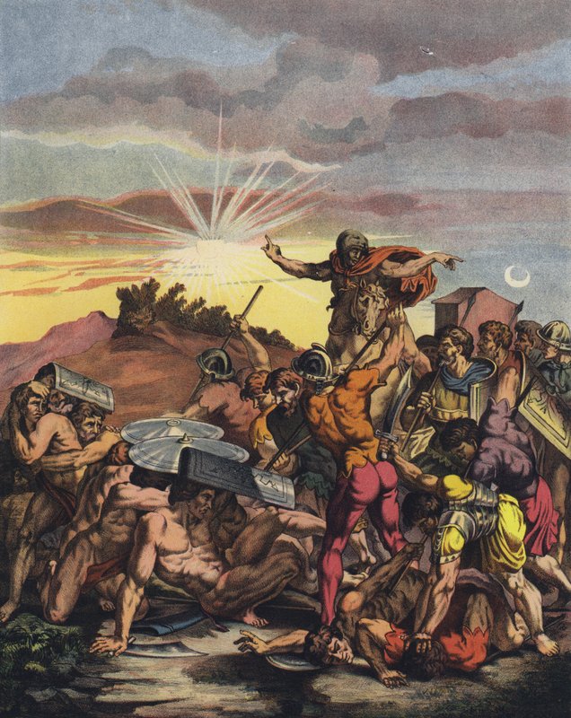 Józsué megparancsolta a Napnak, hogy álljon meg a gibeoni csatában, amikor az izraeliták meghódították Kánaánt (színes litho) alkotó: after Raphael
