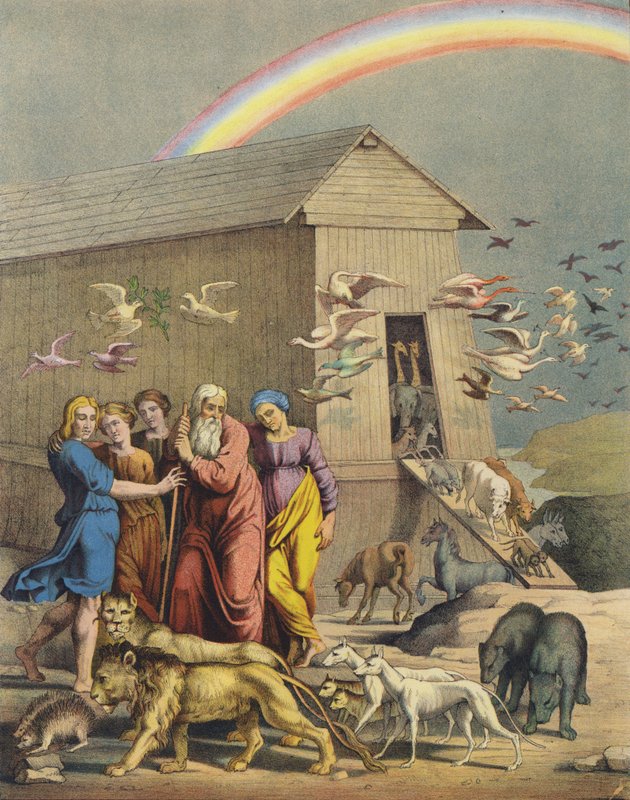 Noé, családja és az özönvíz túlélése után a bárkából előkerülő állatok (színes litho) alkotó: after Raphael