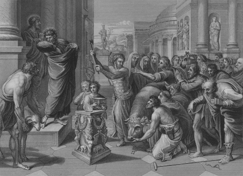 Pál és Barnabás Lisztrában, ApCsel 14, 8-19 vers (metszet) alkotó: after Raphael
